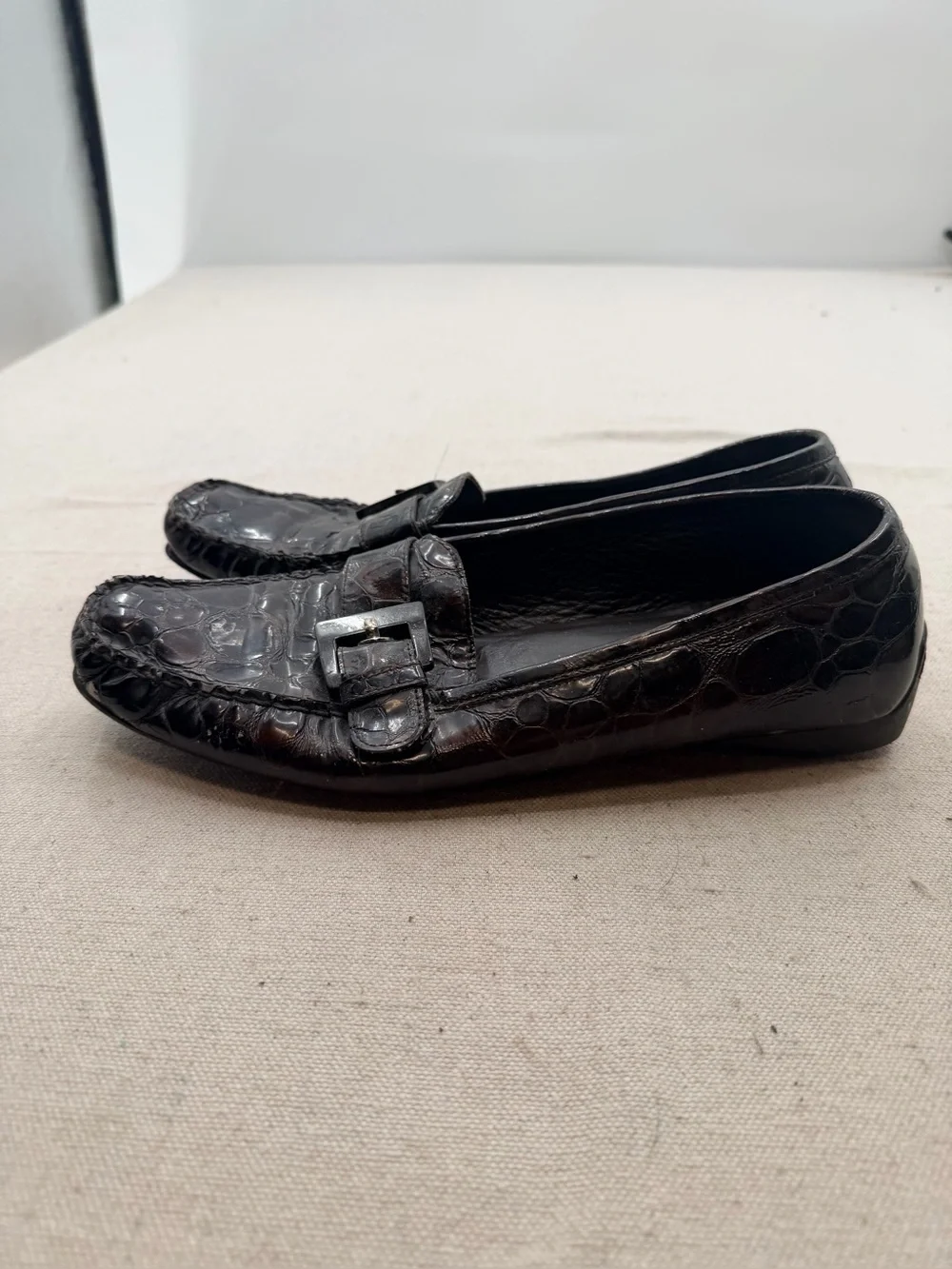 Stuart Weitzman Brown Croc-Embossed Leather Loafers with Buckle